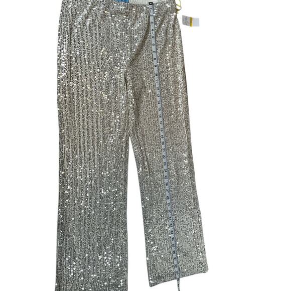 The CeCe Silver Sequin Pants Straight Leg Elastic Waist Band Stretchy Medium - Picture 13 of 15